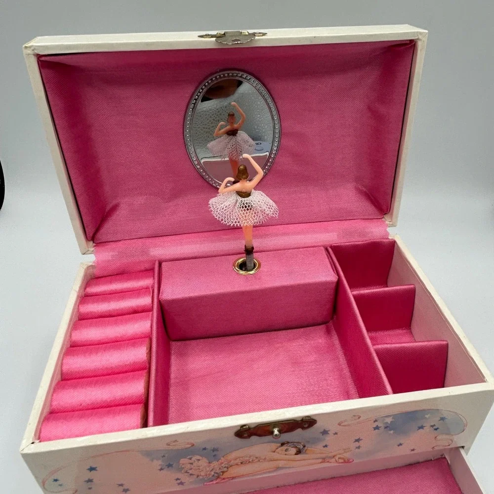 Vintage 1986 Lillian Vernon Ballerina Musical Jewelry Box Pink White Stars 8in